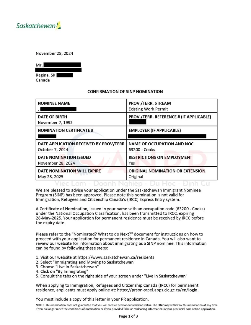 Giấy xác nhận đề cử của Chương trình đề cử tỉnh bang Saskatchewan (SINP) cho vị trí đầu bếp đang làm việc tại Regina, Saskatchewan.