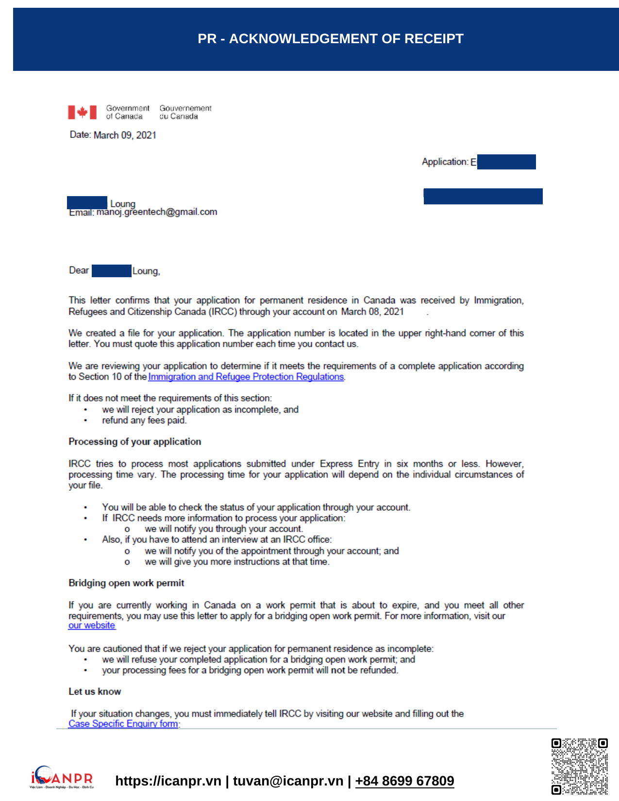 Khách hàng thành công - Express Entry Mr. Luong 11 06 PR Acknowledgement of Receipt