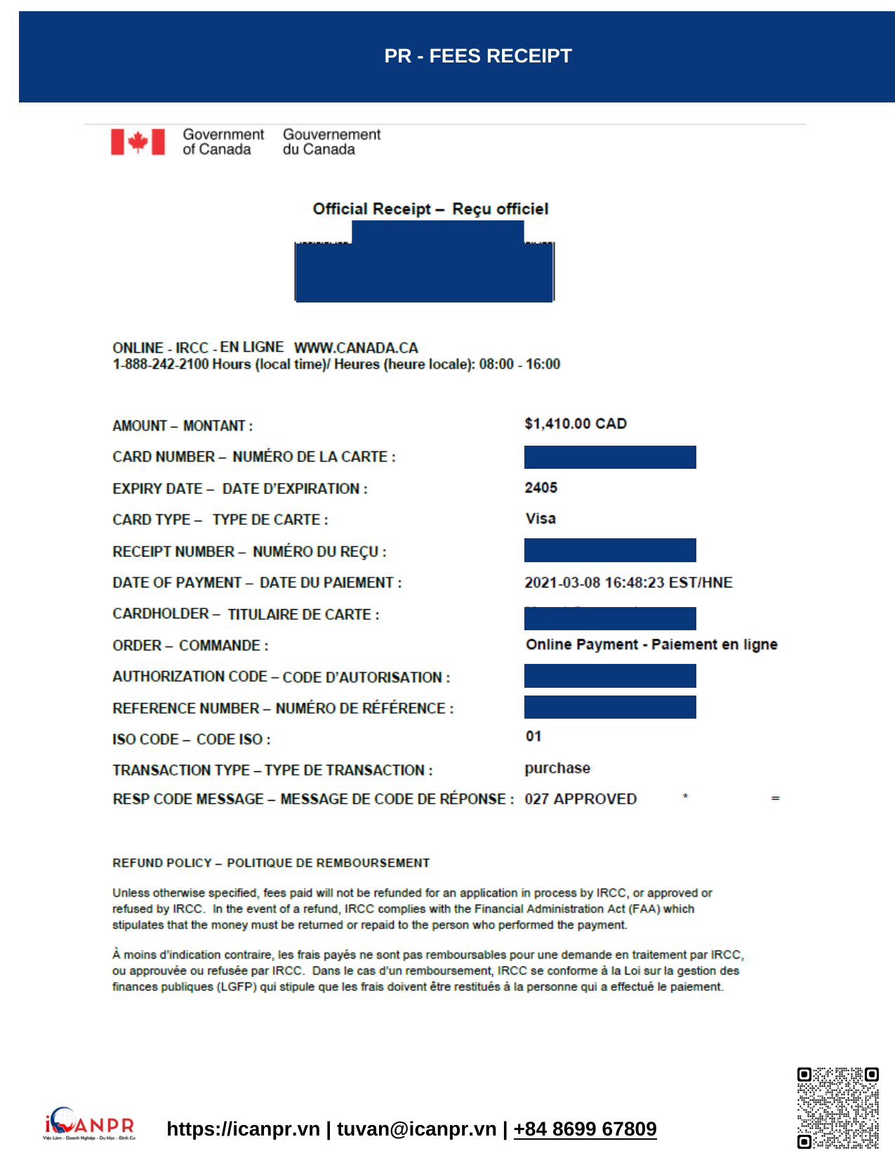 Khách hàng thành công - Express Entry Mr. Luong 10 07 PR Fees Receipt