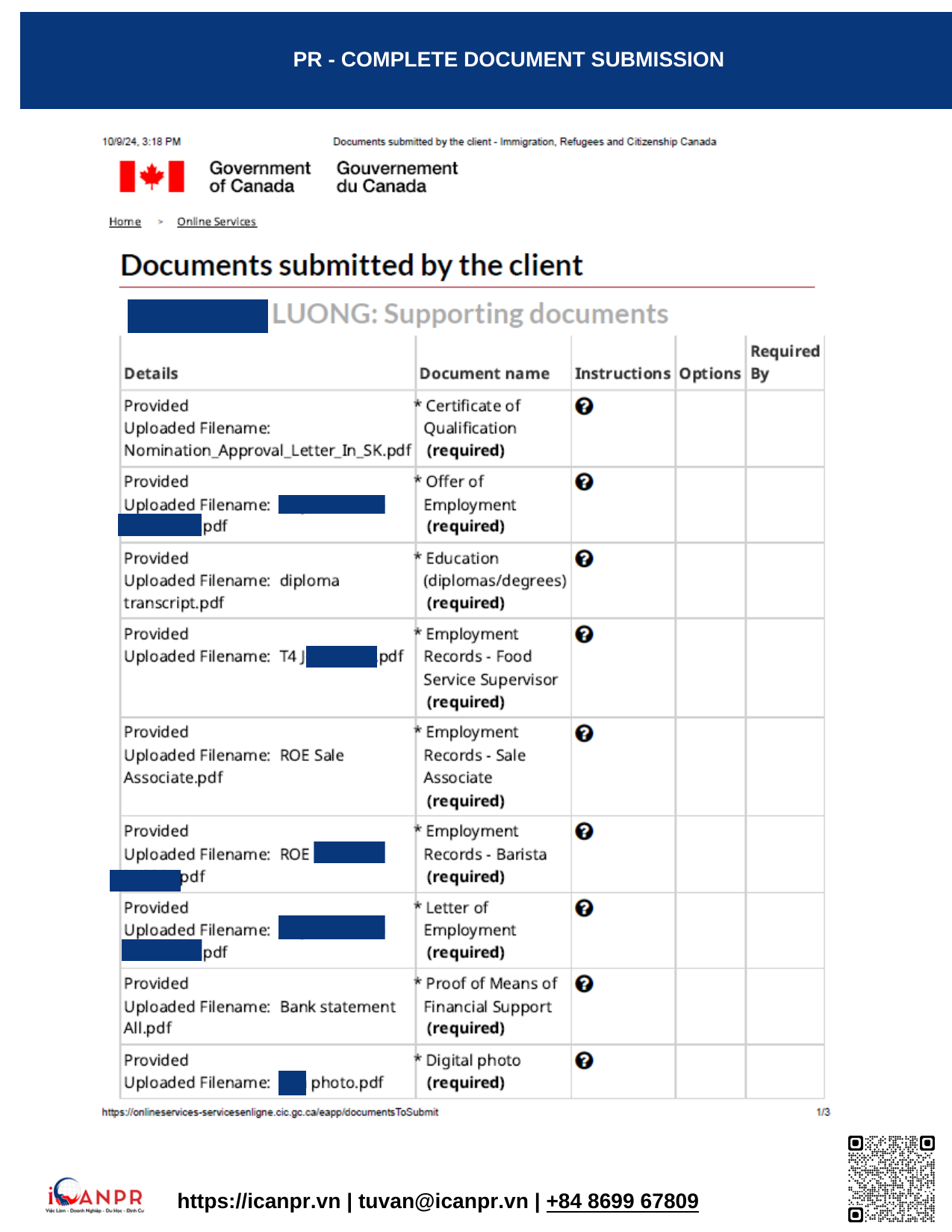 Khách hàng thành công - Express Entry Mr. Luong 12 08 PR Complete Document Submission 1