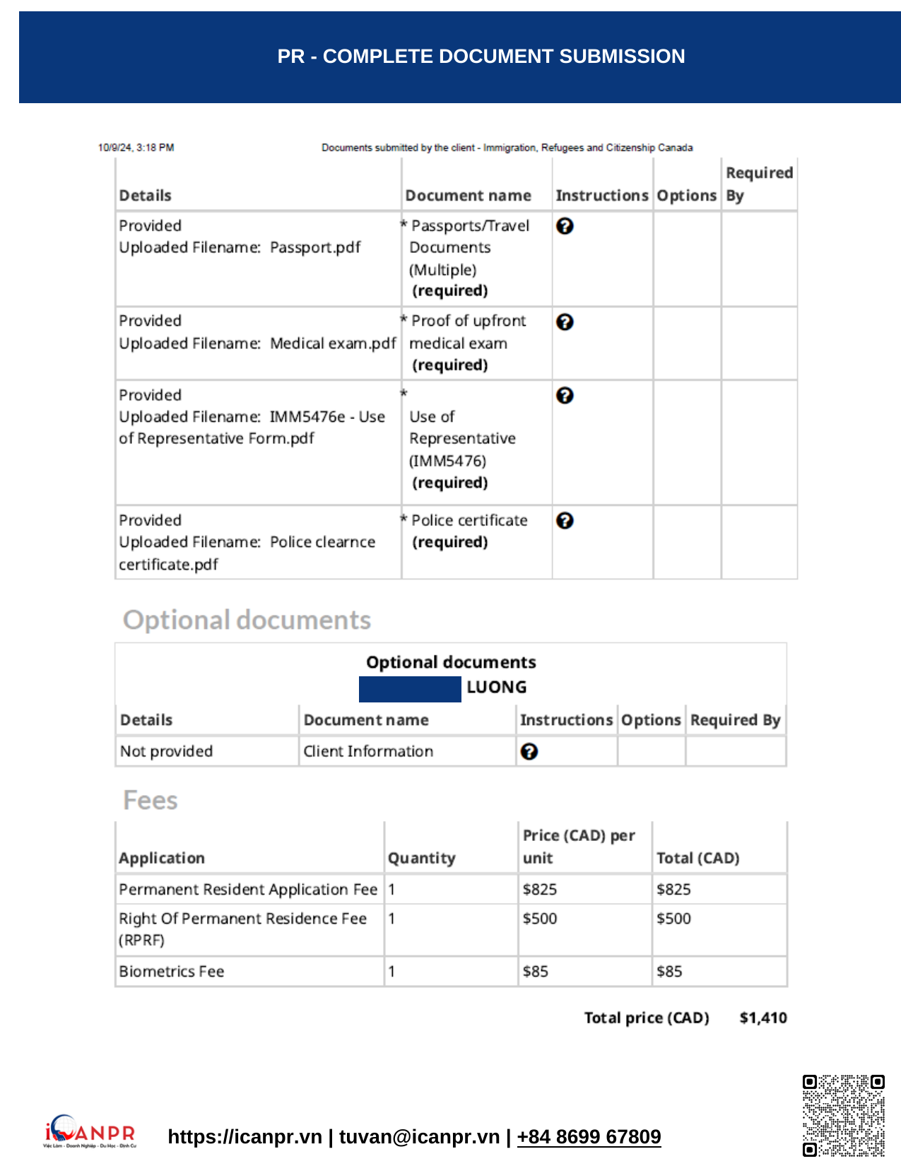 Khách hàng thành công - Express Entry Mr. Luong 13 09 PR Complete Document Submission 2