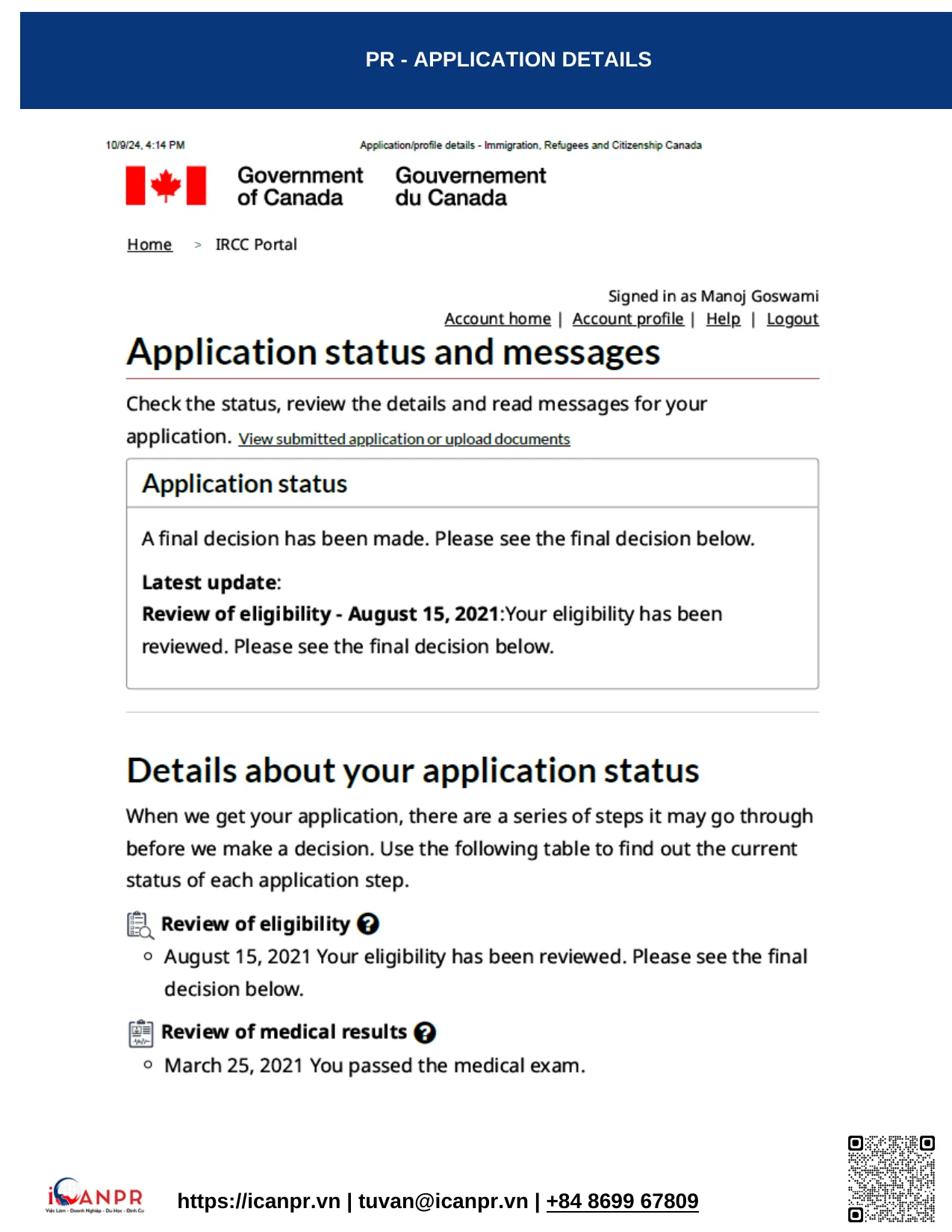 Khách hàng thành công - Express Entry Mr. Luong 18 10 PR Application Details 1