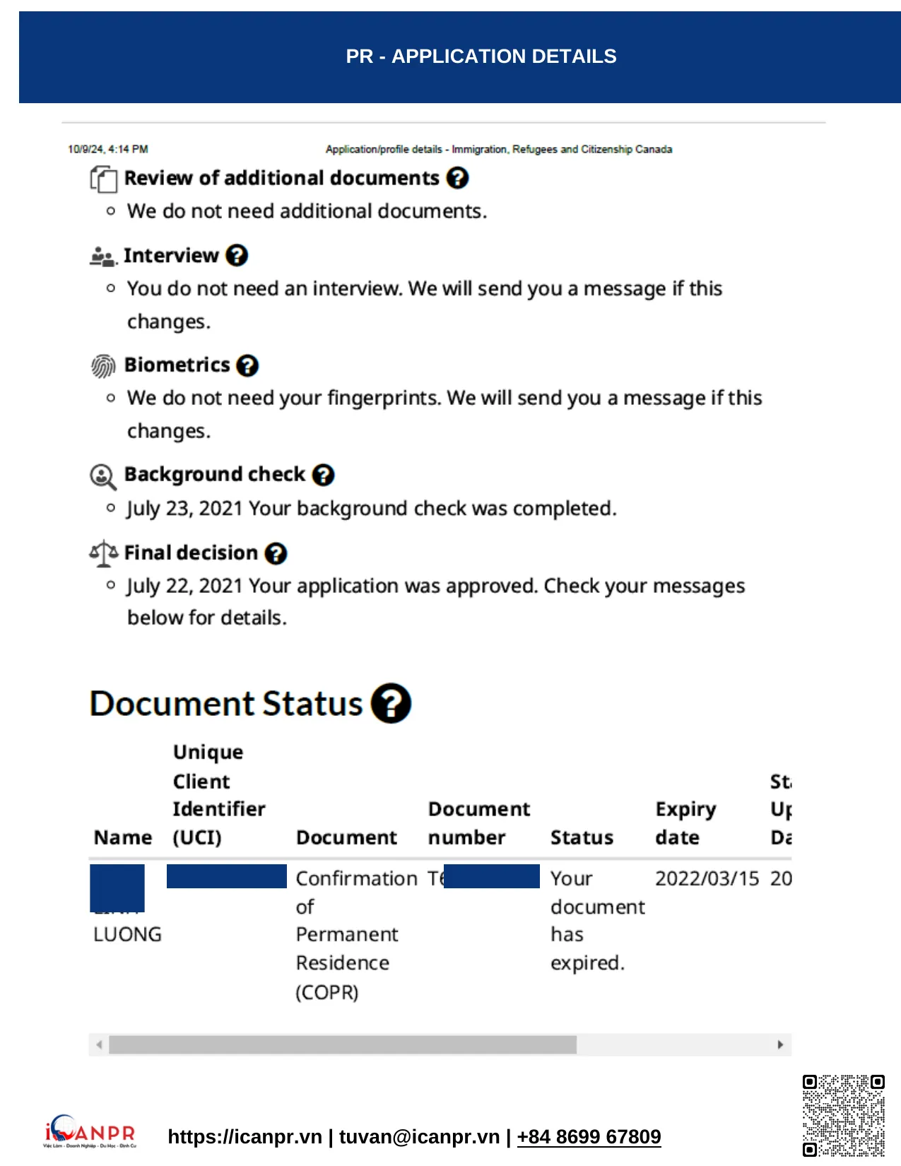 Khách hàng thành công - Express Entry Mr. Luong 19 11 PR Application Details