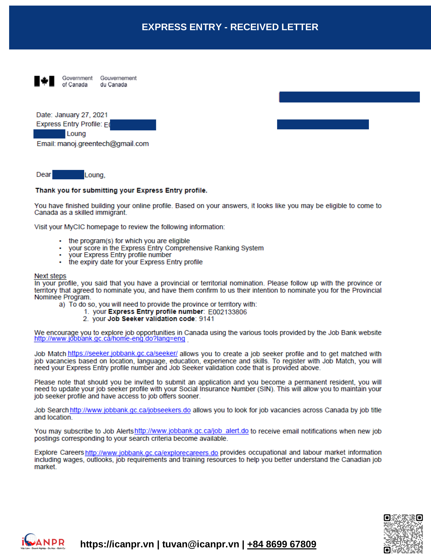 Khách hàng thành công - Express Entry Mr. Luong 6 EXPRESS ENTRY RECEIVED LETTER
