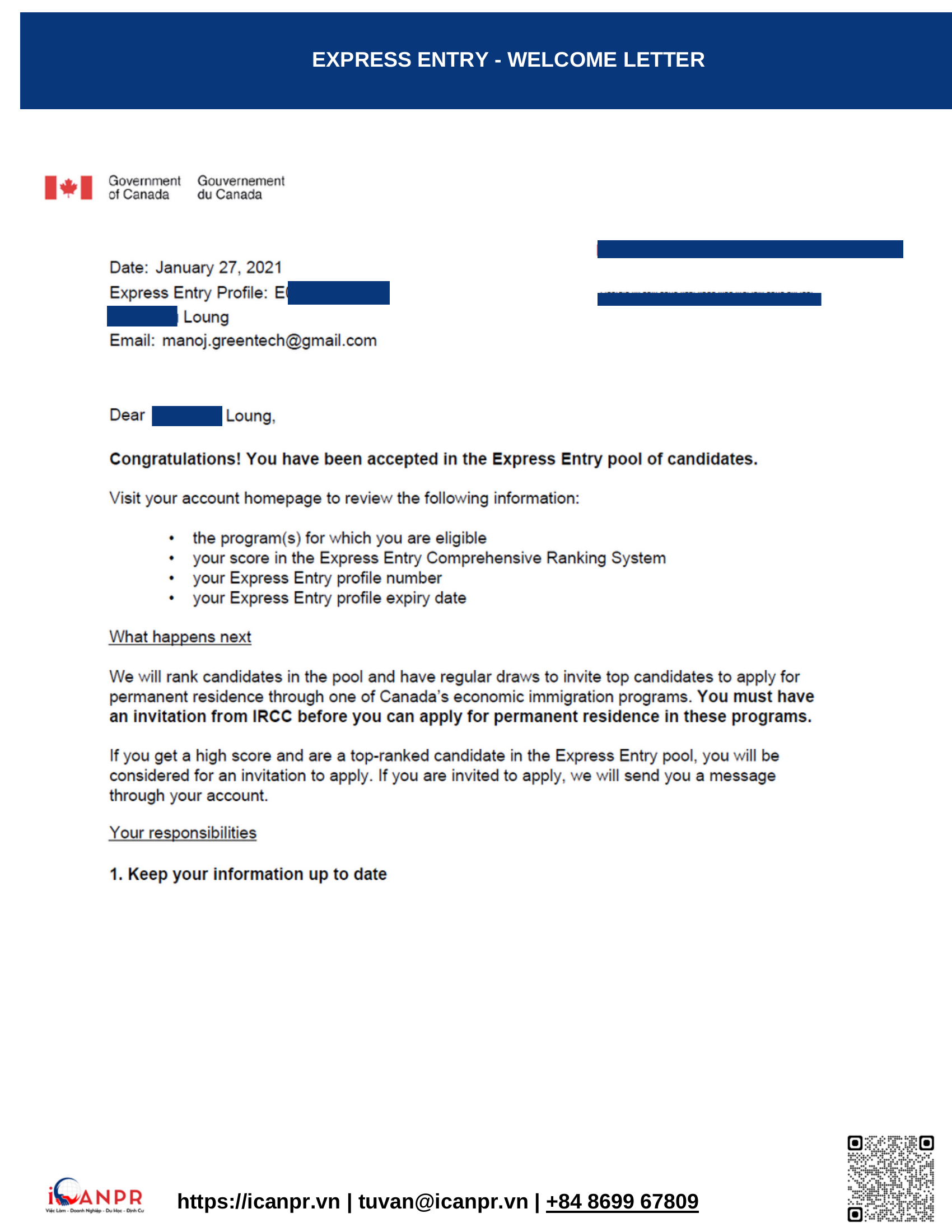 Khách hàng thành công - Express Entry Mr. Luong 7 EXPRESS ENTRY WELCOME LETTER