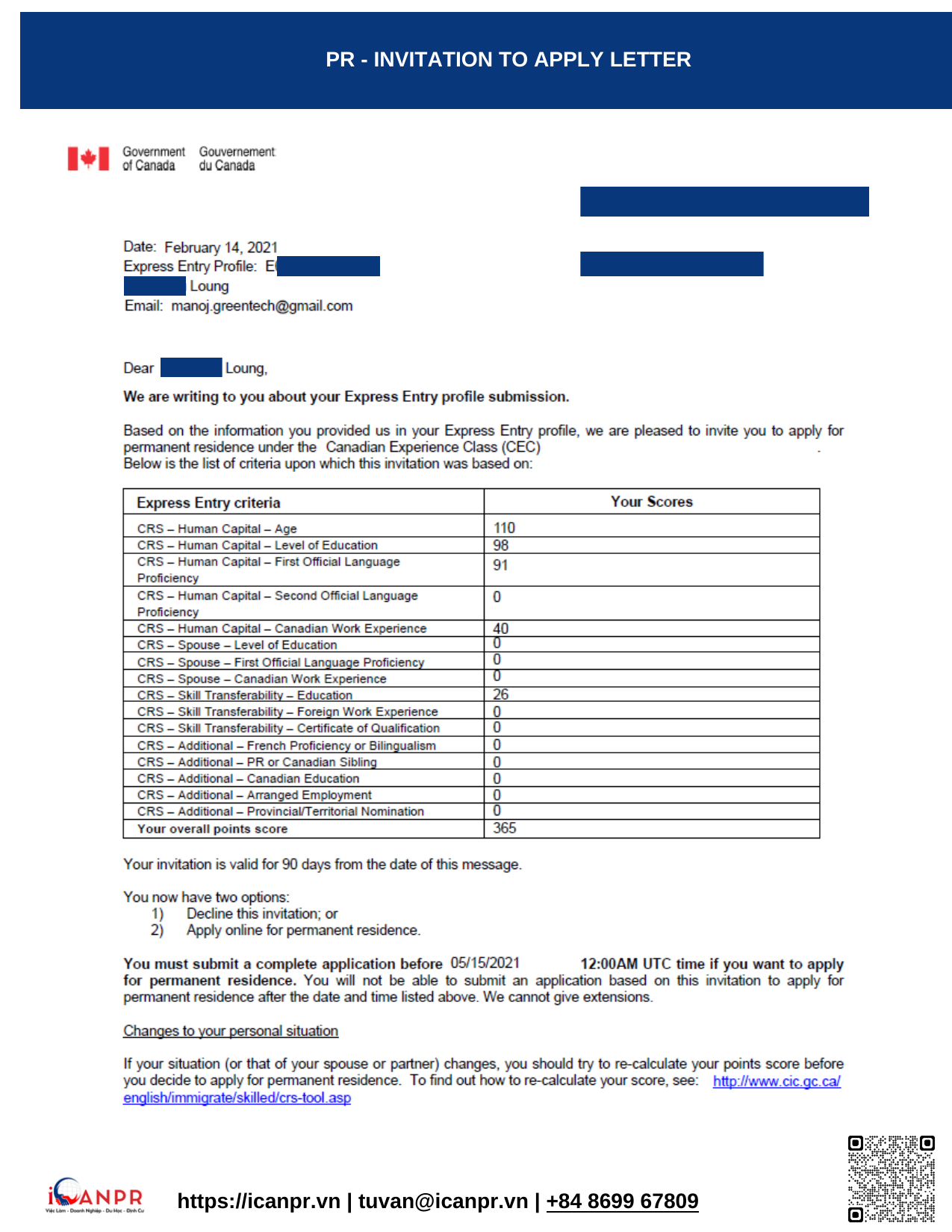 Khách hàng thành công - Express Entry Mr. Luong 9 PR Invitation To Apply ITA