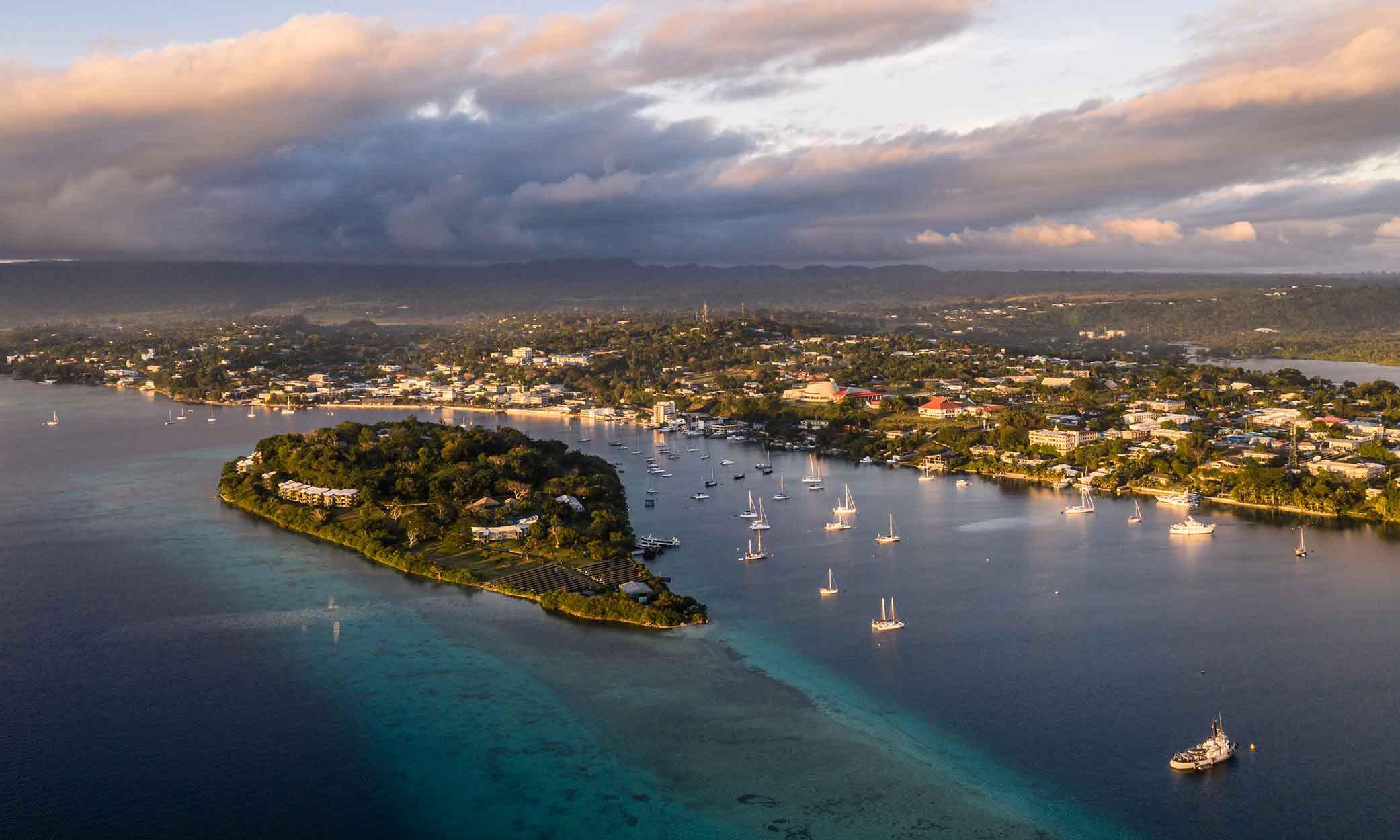 Aerial view of a coastal island.