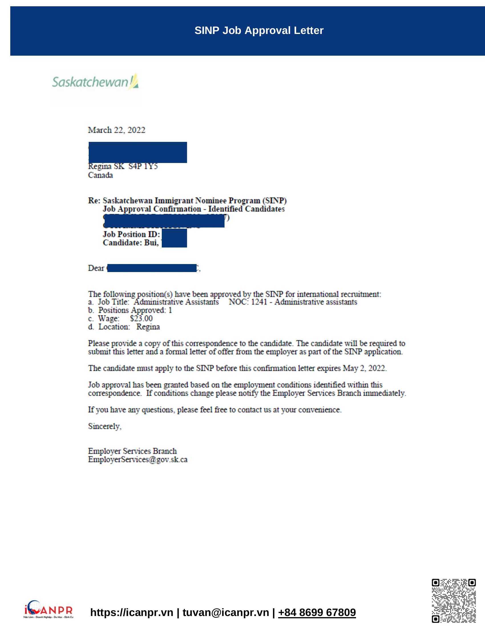 Khách hàng thành công - SINP Work Permit Mr. Thang Bui 15 02 sinp job approval letter 1
