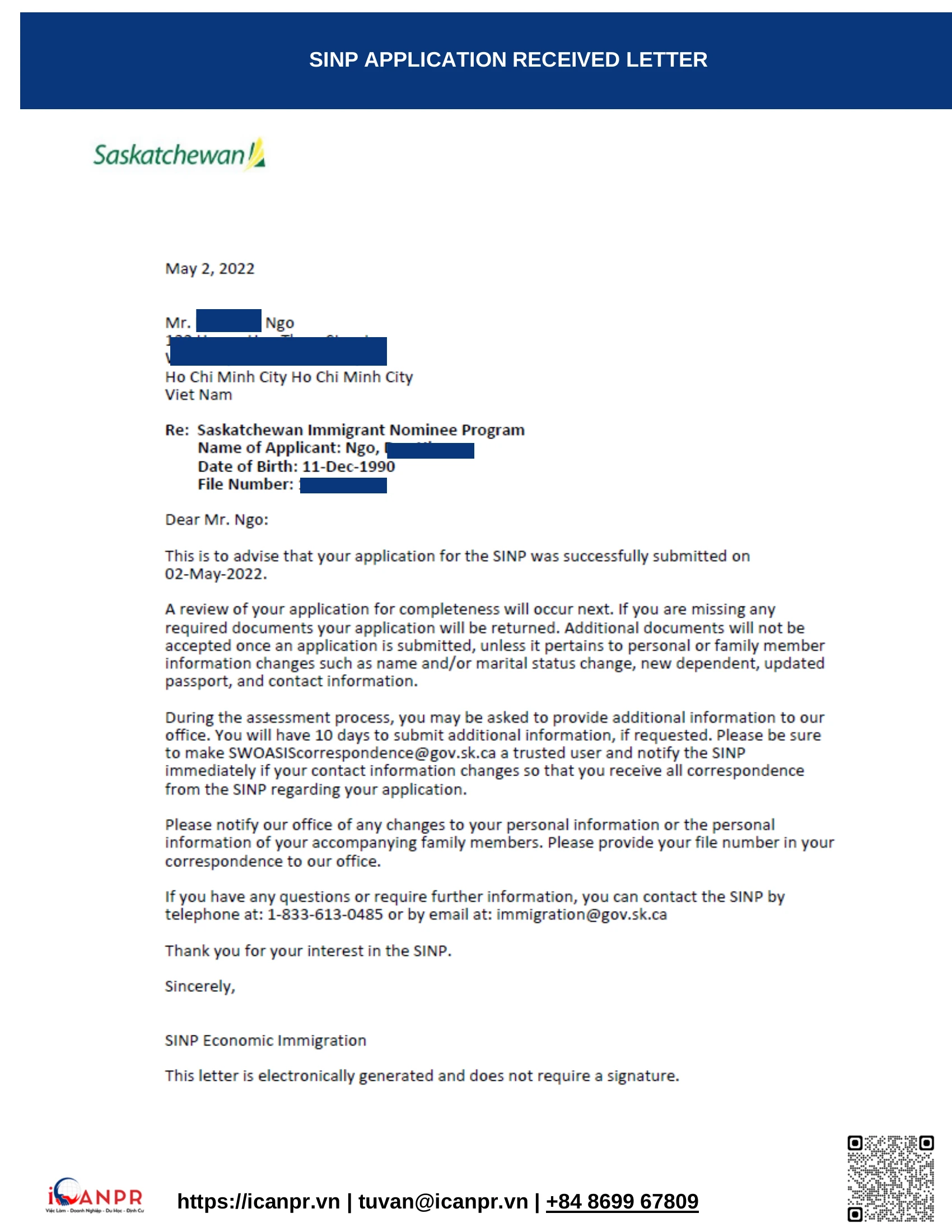 Khách hàng thành công – Work Permit Mr. Hiep Ngo 7 03_SINP_application_received_letter