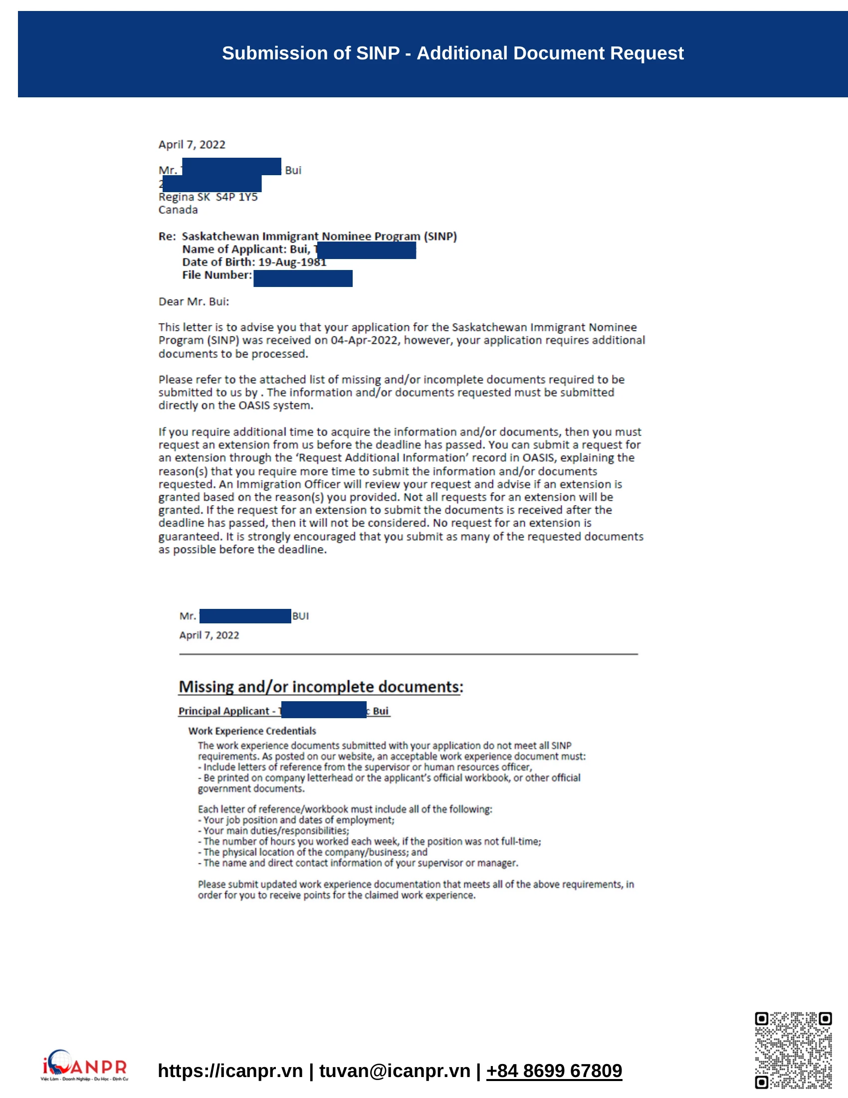 Khách hàng thành công - SINP Work Permit Mr. Thang Bui 14 03 sinp adr additional document request