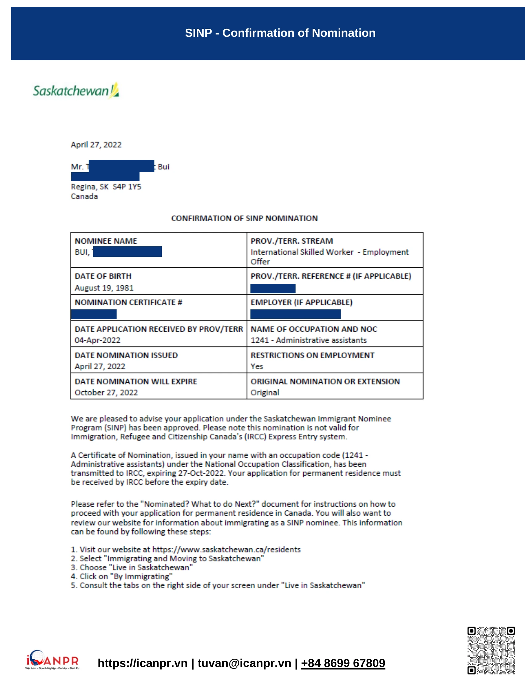 Khách hàng thành công - SINP Work Permit Mr. Thang Bui 13 04 sinp confirmation of nomination