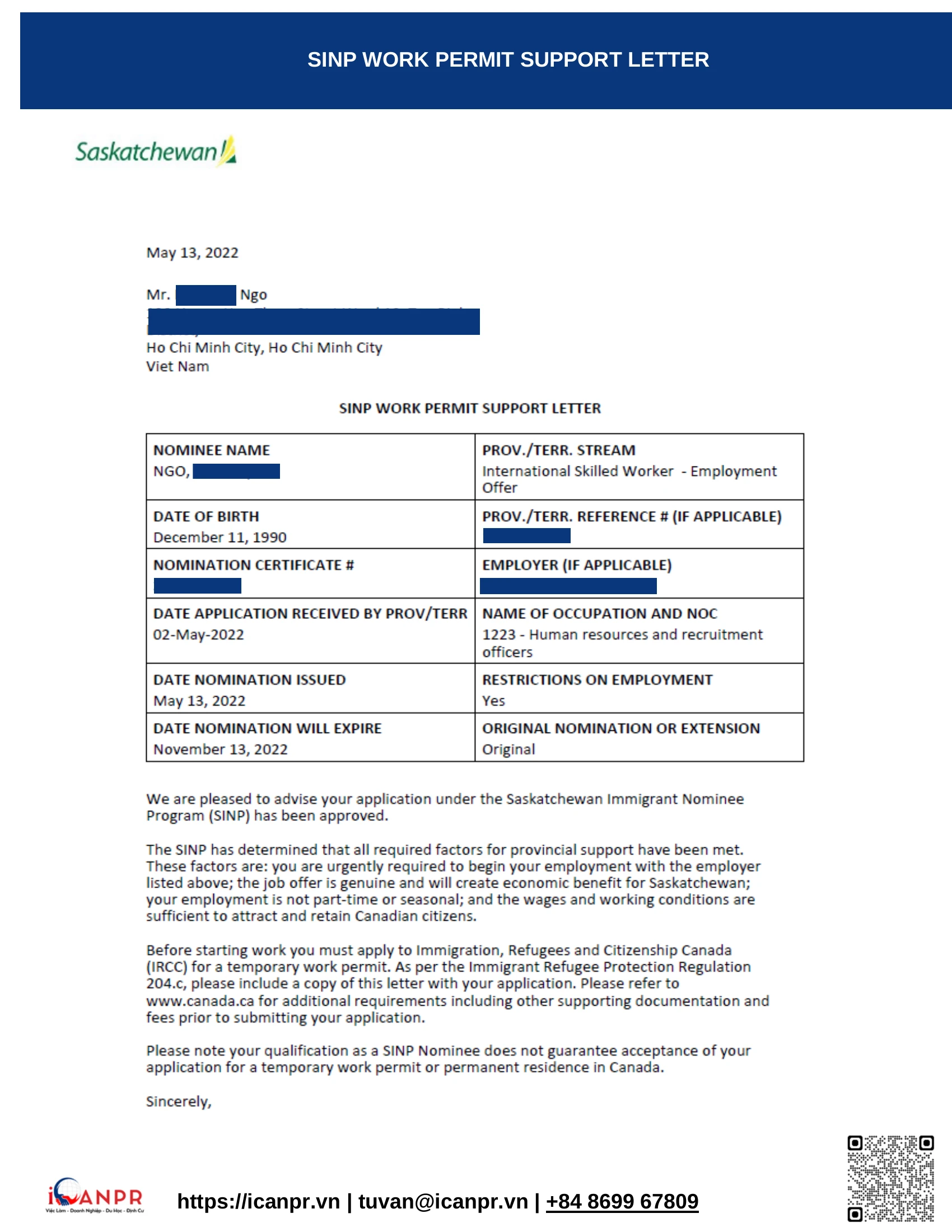Khách hàng thành công – Work Permit Mr. Hiep Ngo 9 05_SINP_work_permit_support_letter