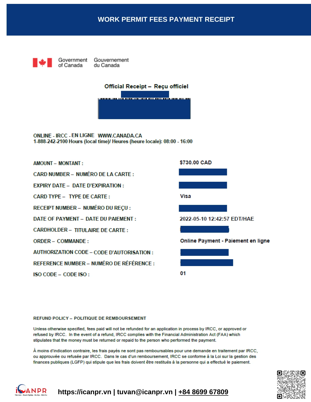 Khách hàng thành công - Work Permit Mrs. Vinh Nguyen 9 05 WP Fees Receipt