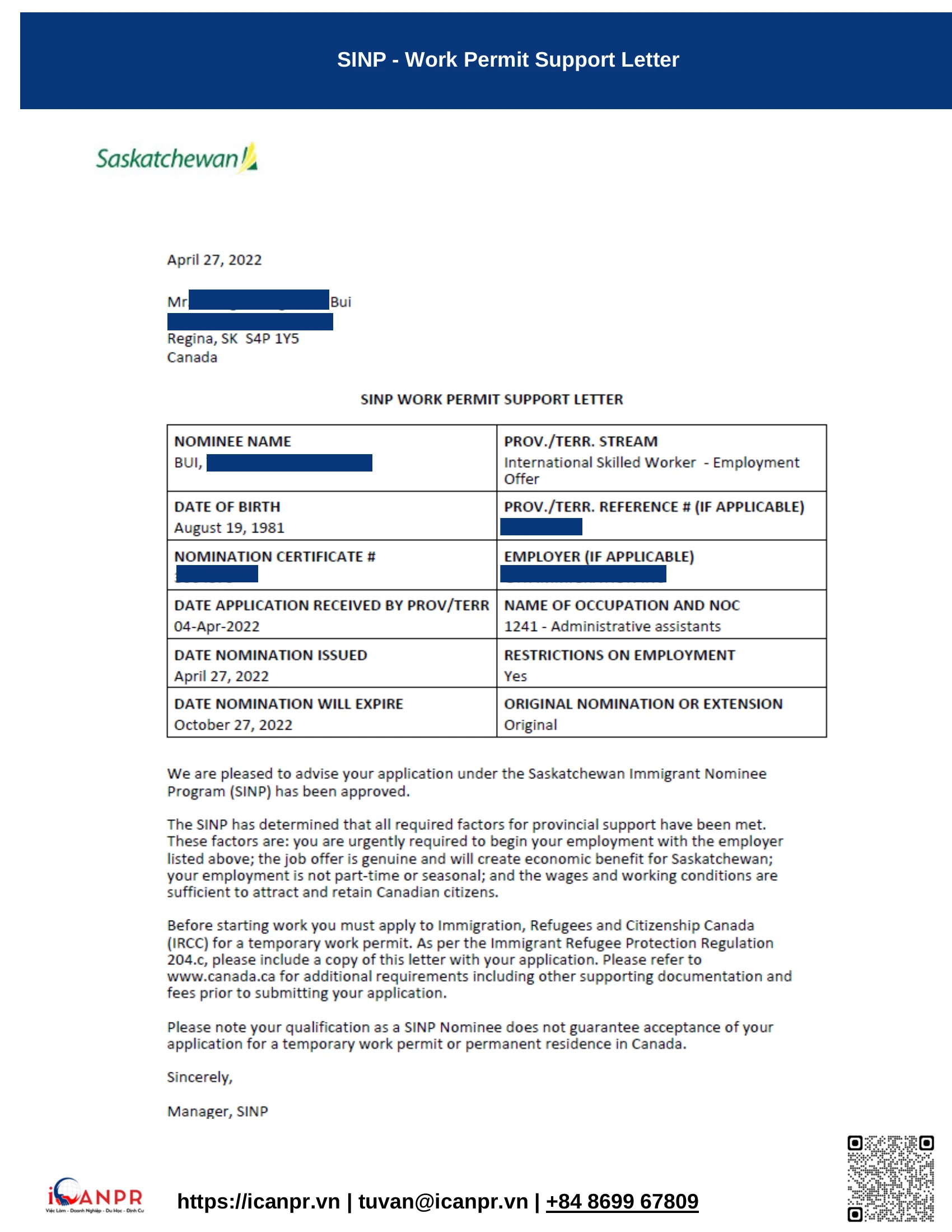 Khách hàng thành công - SINP Work Permit Mr. Thang Bui 12 05 sinp work permit support letter 1