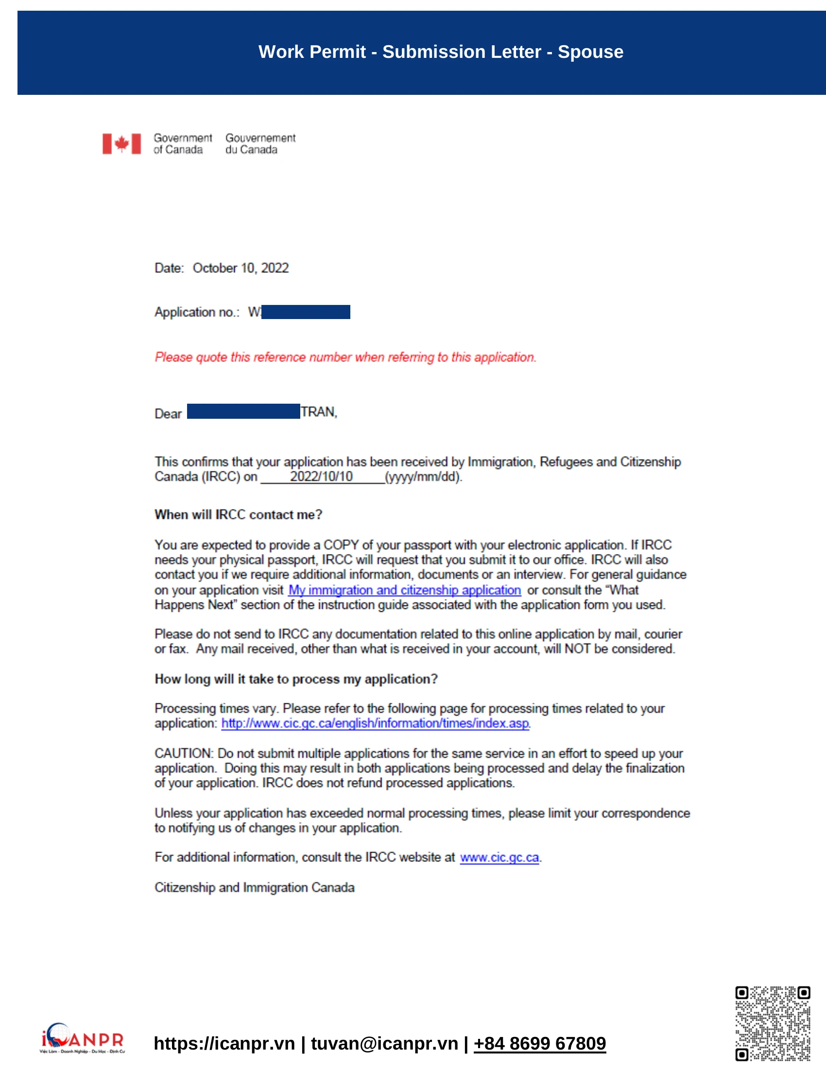 Khách hàng thành công - SINP Work Permit Mr. Thang Bui 19 07 wp submission spouse