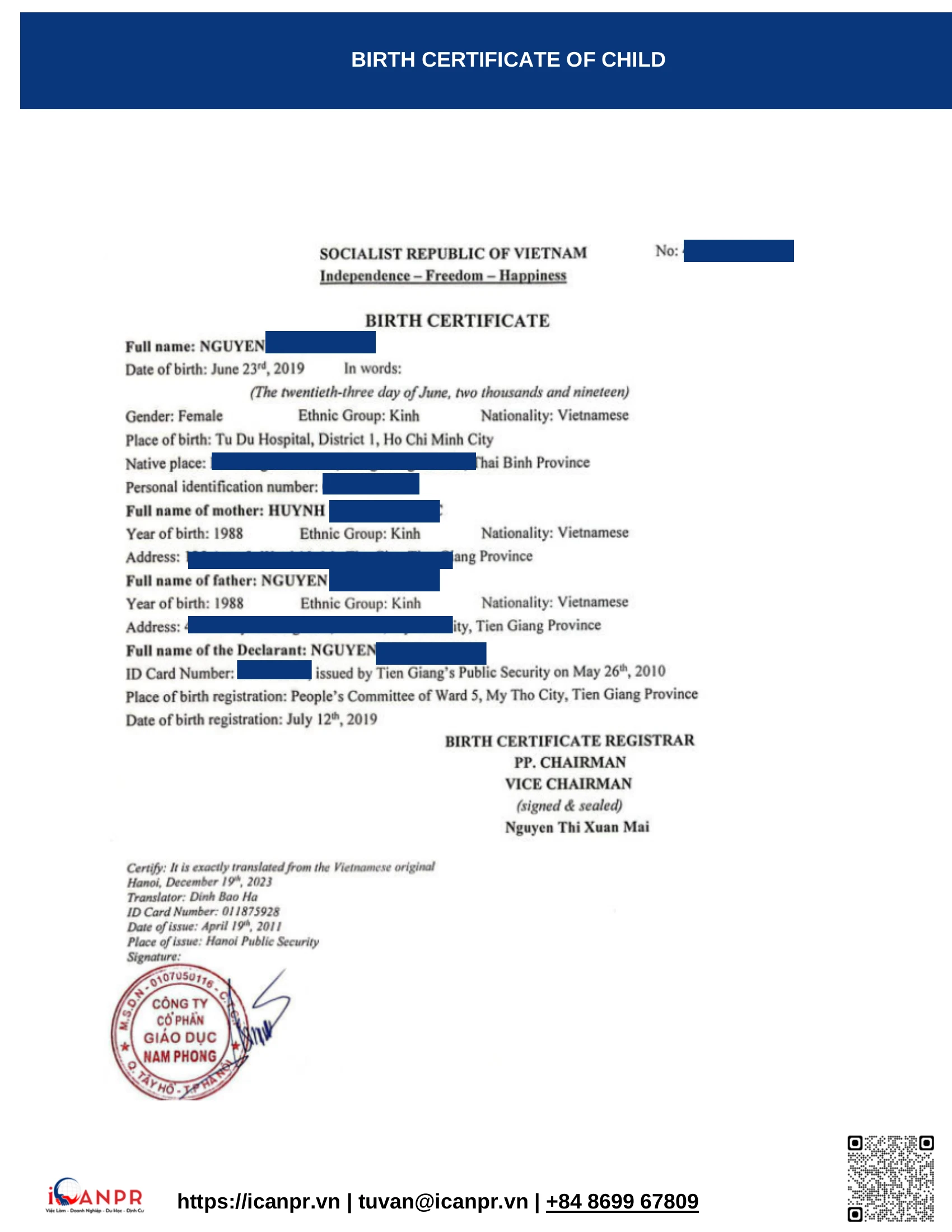 Khành hàng thành công - Study Abroad Mr. Minh Nguyen 8 09 birth certificate child1