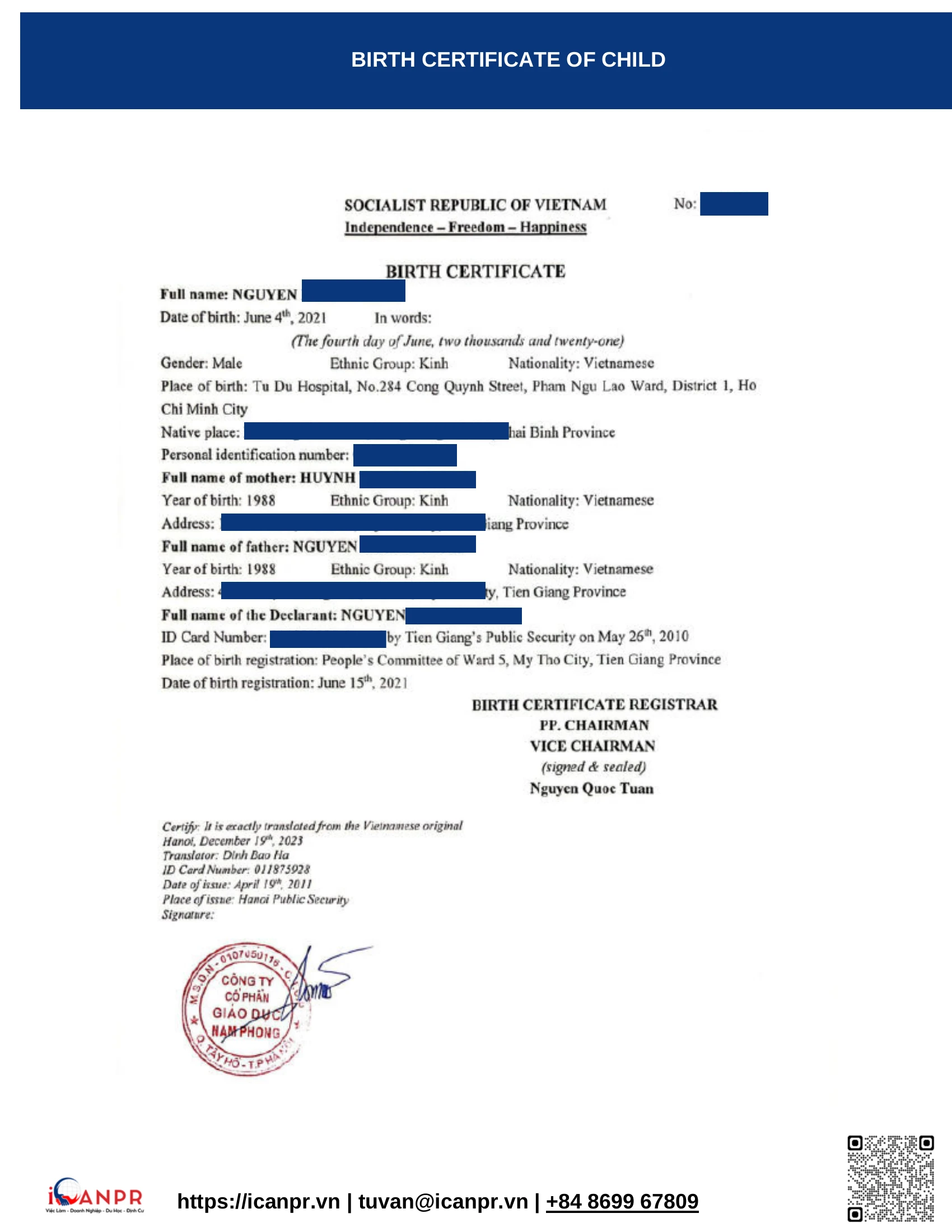 Khành hàng thành công - Study Abroad Mr. Minh Nguyen 7 10 birth certificate child2
