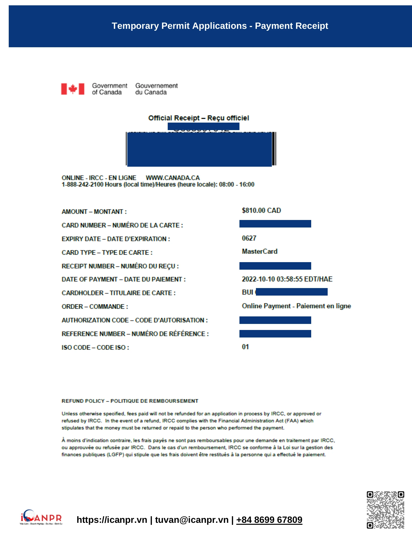 Khách hàng thành công - SINP Work Permit Mr. Thang Bui 16 11 payment receipt