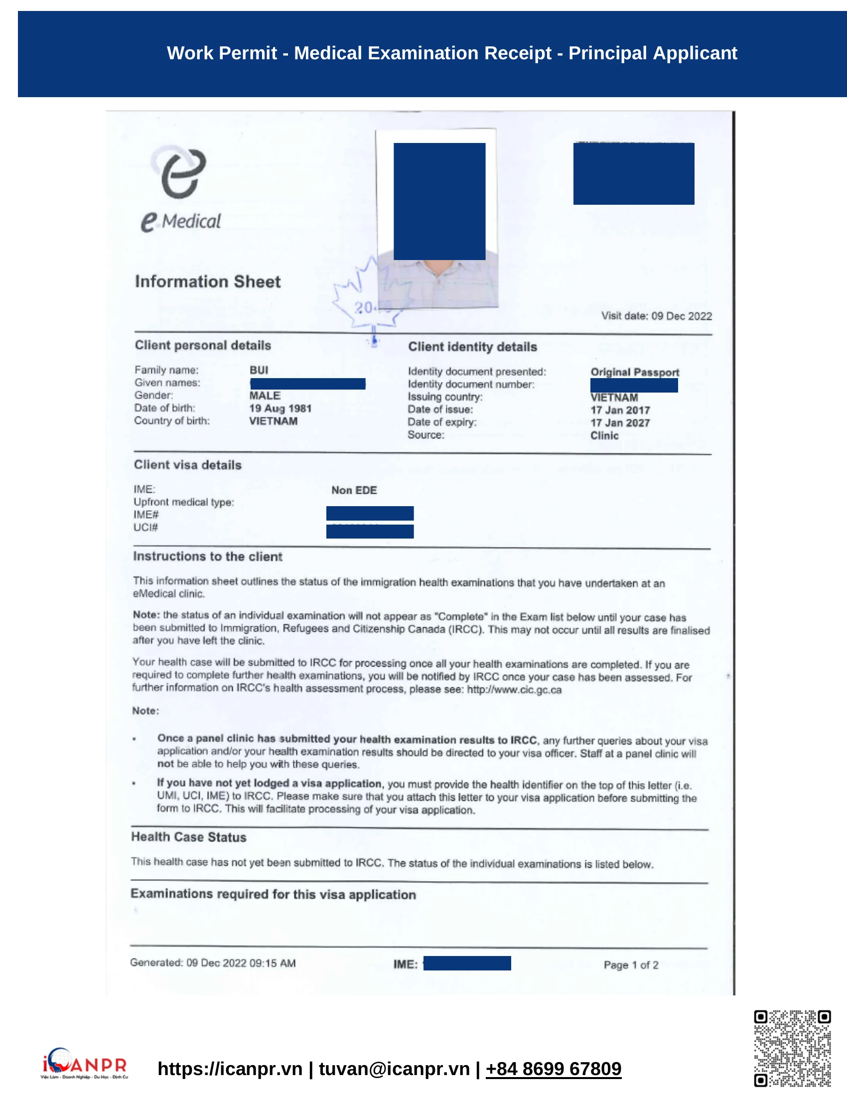 Khách hàng thành công - SINP Work Permit Mr. Thang Bui 25 17 medical receipt principal