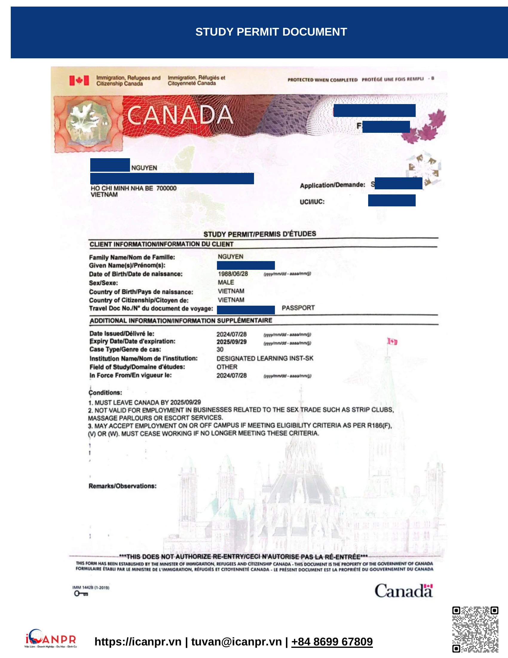 Khành hàng thành công - Study Abroad Mr. Minh Nguyen 19 17 study permit doc