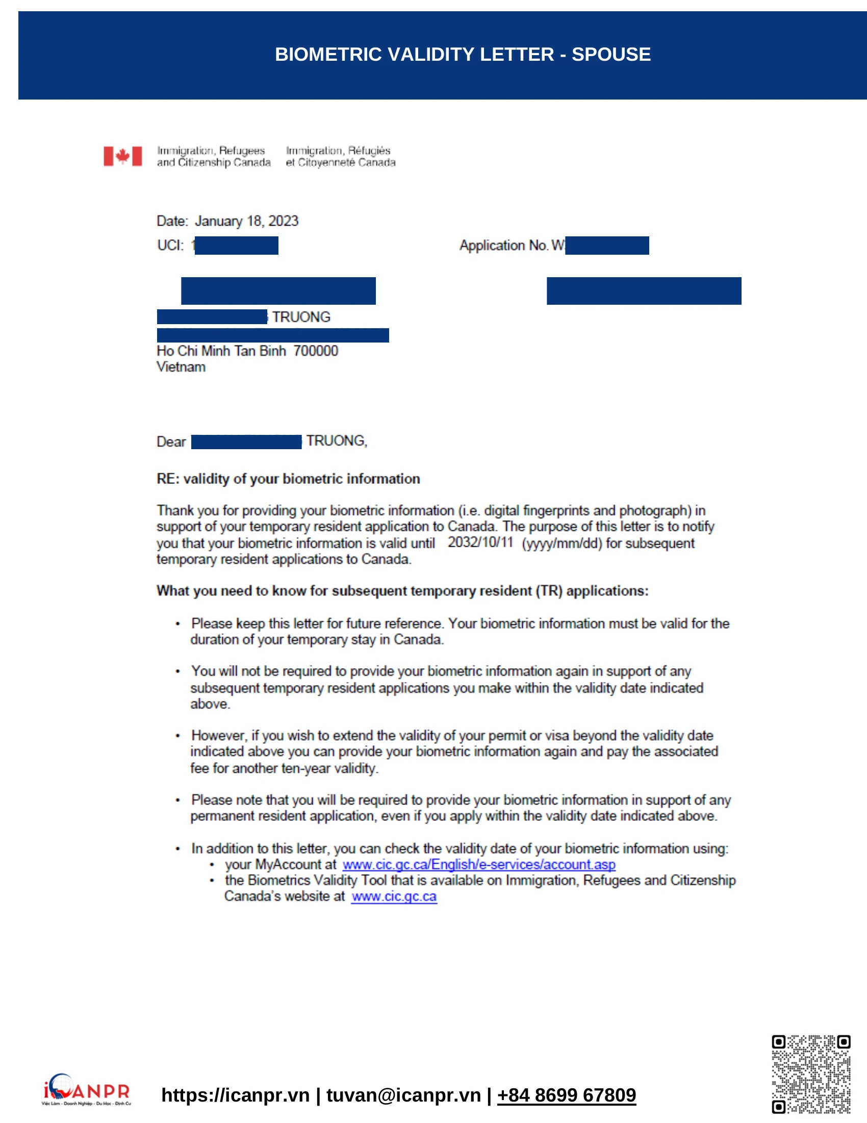 Khách hàng thành công – Work Permit Mr. Hiep Ngo 22 18 biometric validity spouse