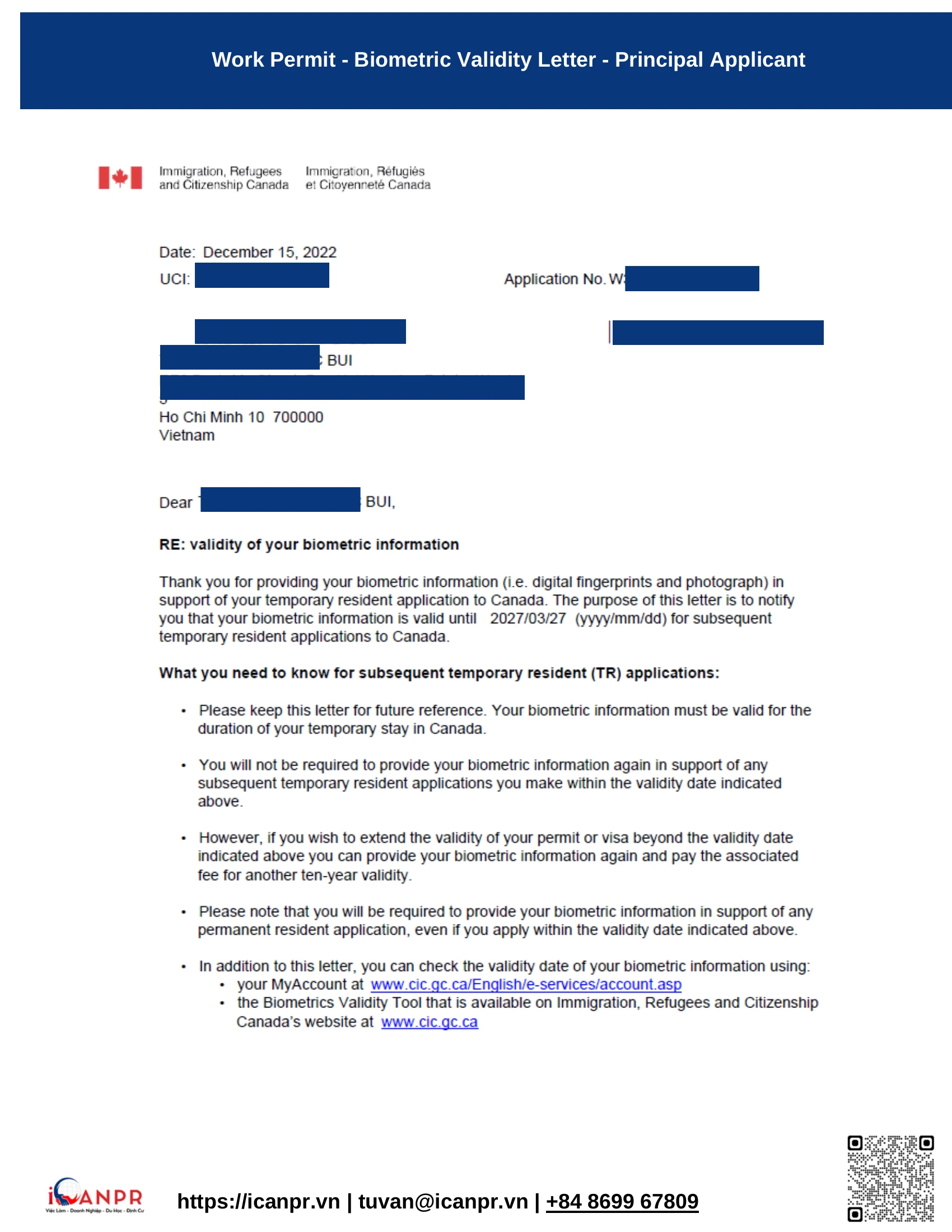Khách hàng thành công - SINP Work Permit Mr. Thang Bui 38 22 biometric validity principal