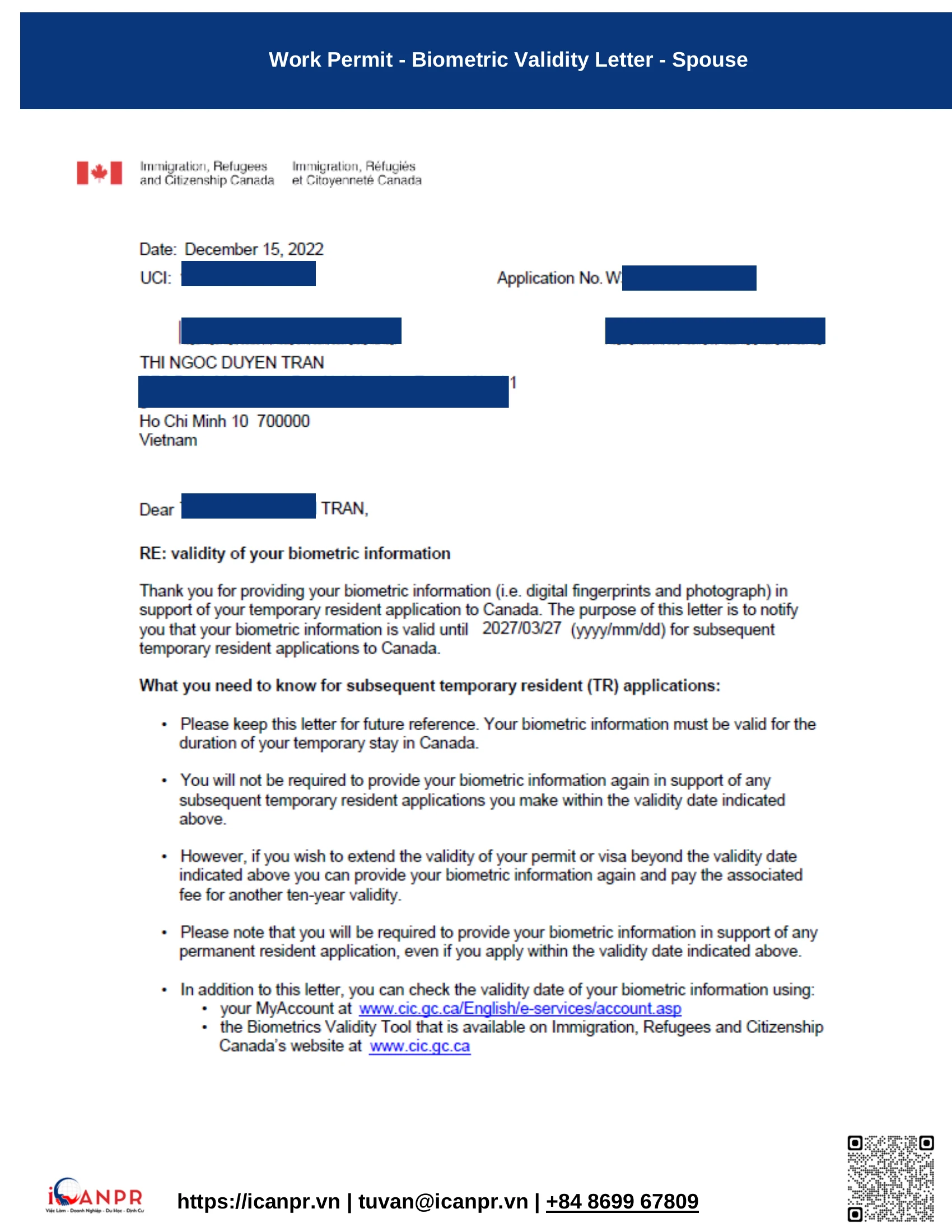 Khách hàng thành công - SINP Work Permit Mr. Thang Bui 37 23 biometric validity spouse