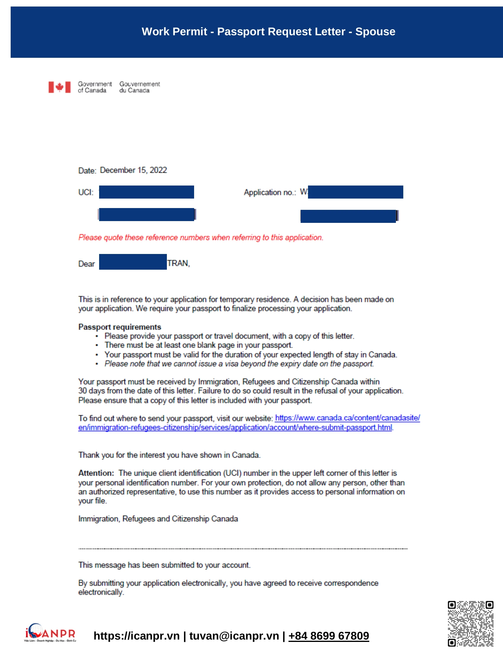Khách hàng thành công - SINP Work Permit Mr. Thang Bui 36 25 passport request spouse